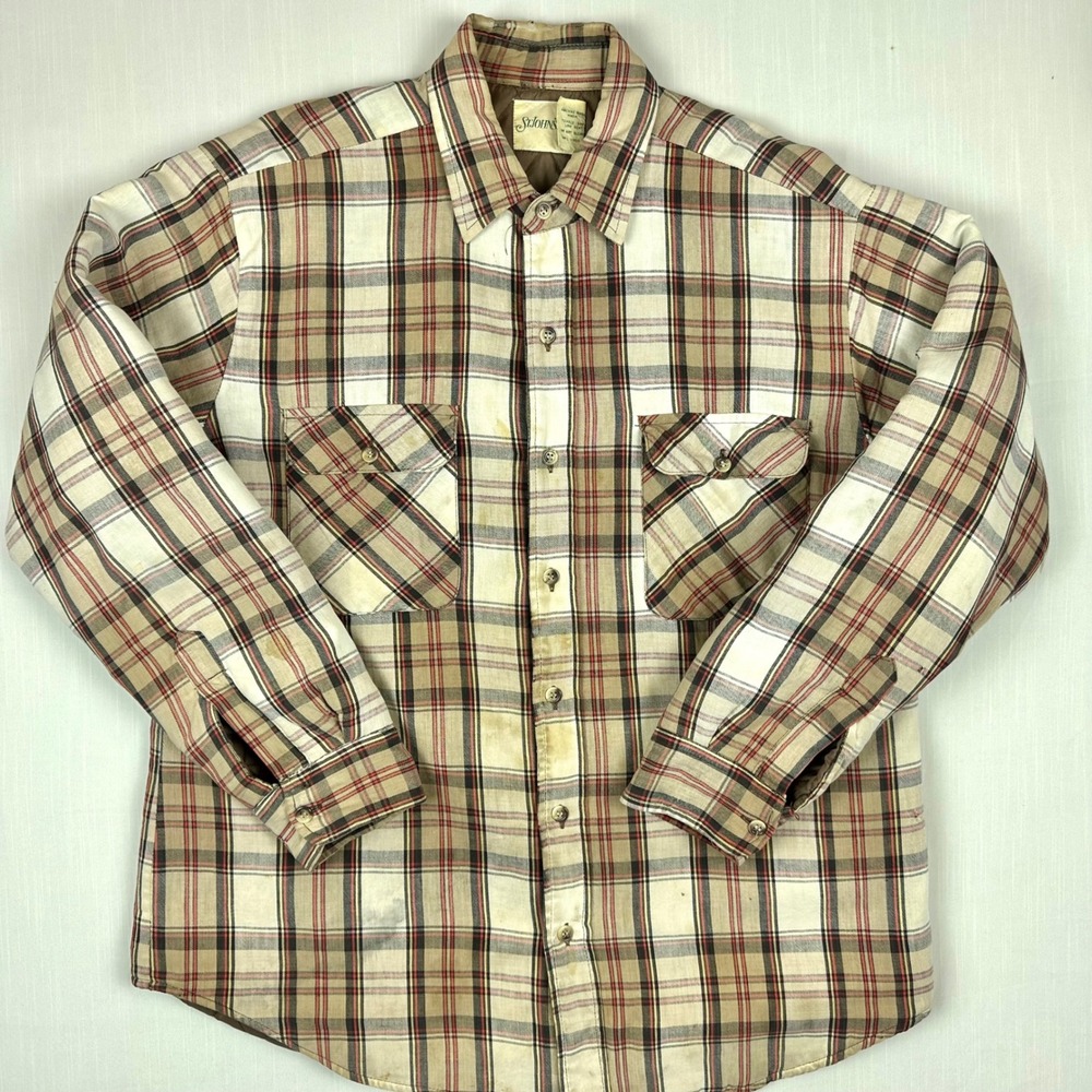 Vintage St Johns Bay Plaid Quilted Flannel Shirt Jacket Mens Large Distressed